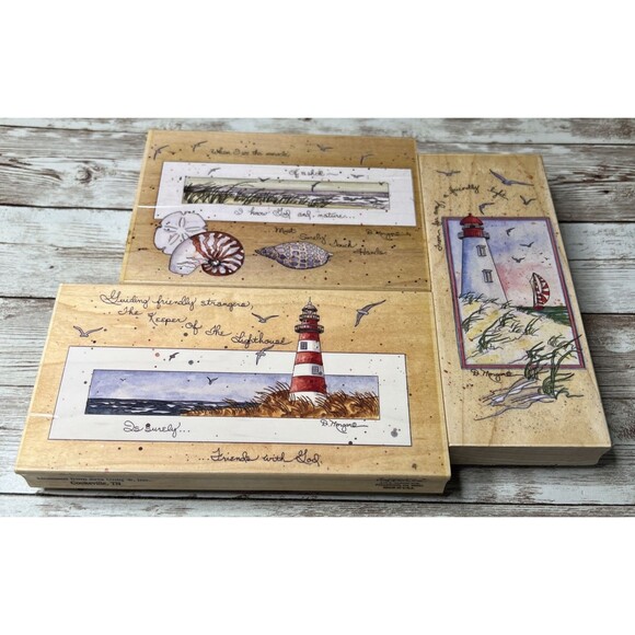 Lot of 3 Large D. Morgan Ocean Beach Lighthouse  (1990's) Wood Rubber Stamp VTG - Picture 1 of 12